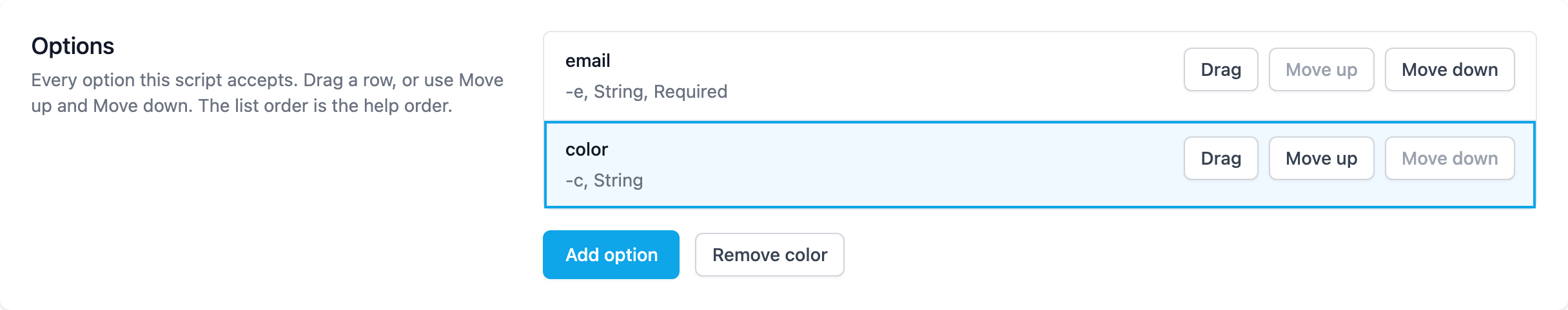 Option list with email and color, in declaration order